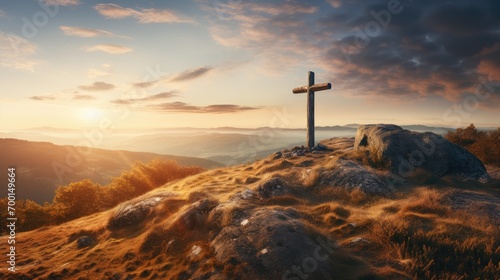 Holy christian religious cross at sunrise on top of hill crucifix photo