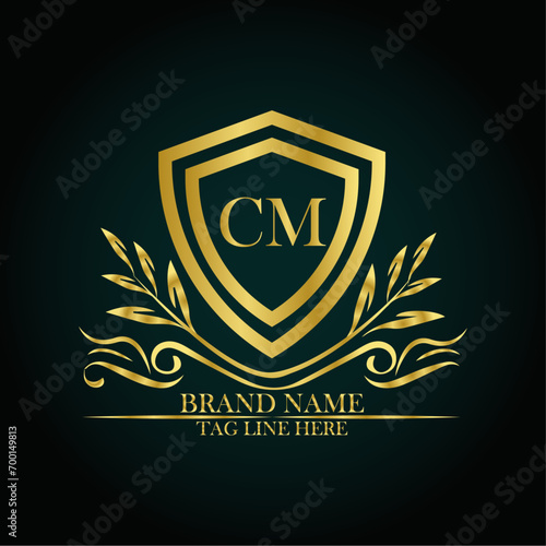 CM luxury letter logo template in gold color. Elegant gold shield icon. Modern vector Royal premium logo template vector