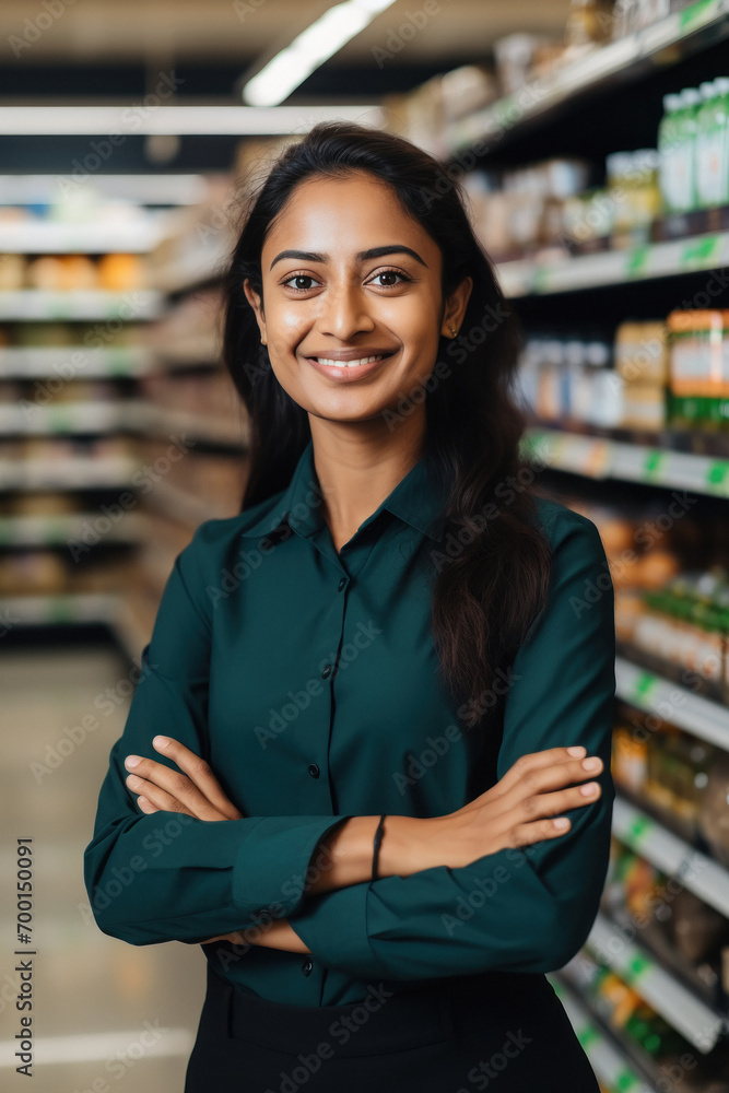 Young female grocery store assistant or owner standing confidently