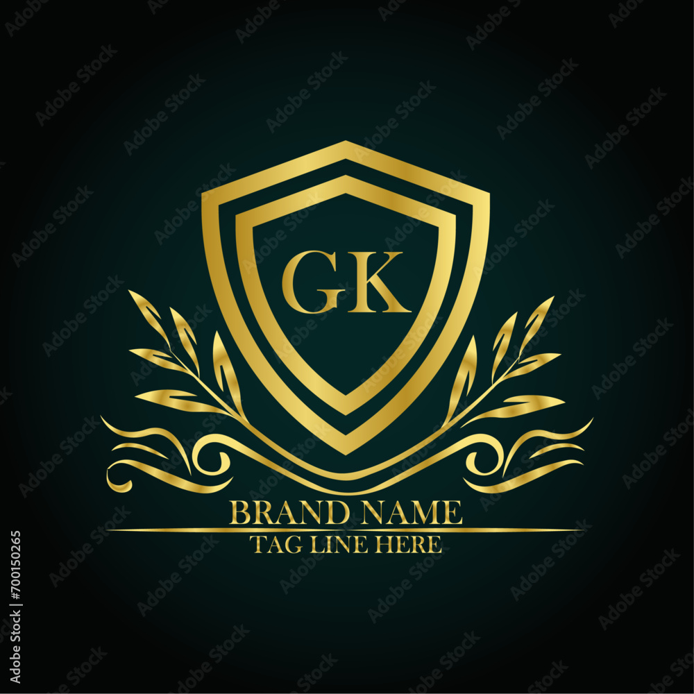 GK luxury letter logo template in gold color. Elegant gold shield icon. Modern vector Royal premium logo template vector