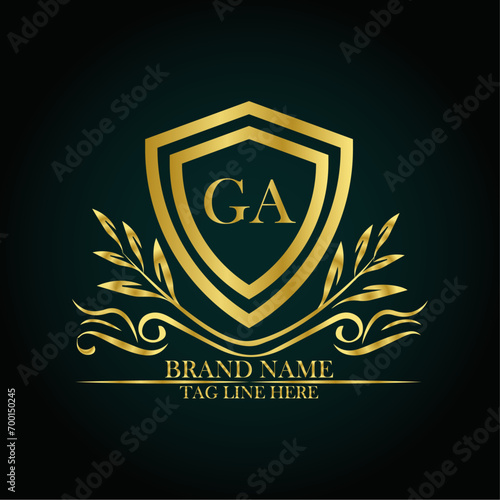 GA luxury letter logo template in gold color. Elegant gold shield icon. Modern vector Royal premium logo template vector