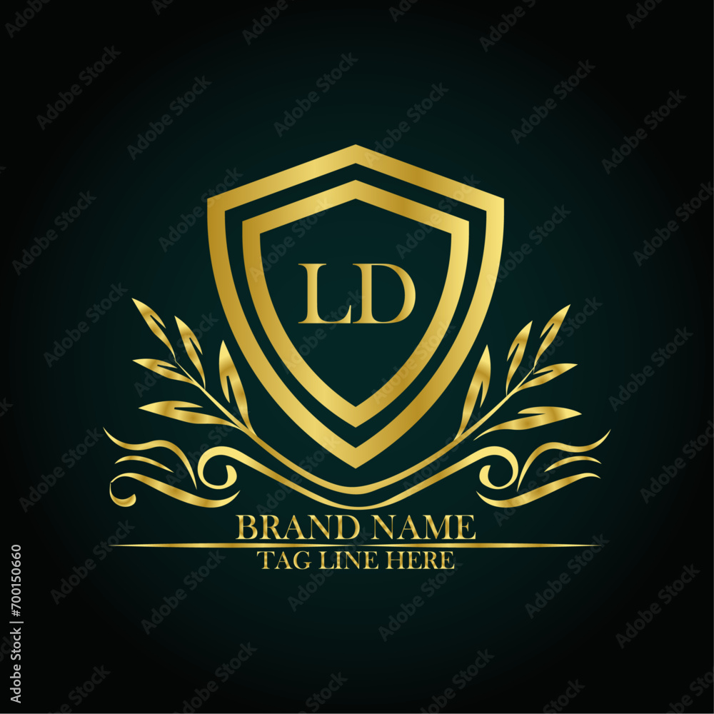 LD luxury letter logo template in gold color. Elegant gold shield icon. Modern vector Royal premium logo template vector LD luxury letter logo template in gold color. Elegant gold shield icon. Modern vector Royal premium logo template vector