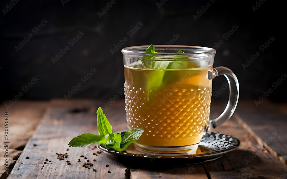 Capture the essence of Moroccan Mint Tea in a mouthwatering food photography shot - obrazy, fototapety, plakaty 
