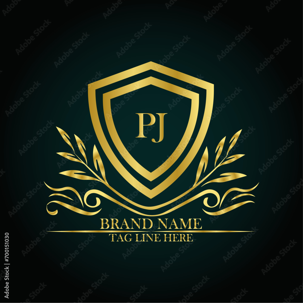 PJ luxury letter logo template in gold color. Elegant gold shield icon. Modern vector Royal premium logo template vector PJ luxury letter logo template in gold color. Elegant gold shield icon. Modern vector Royal premium logo template vector