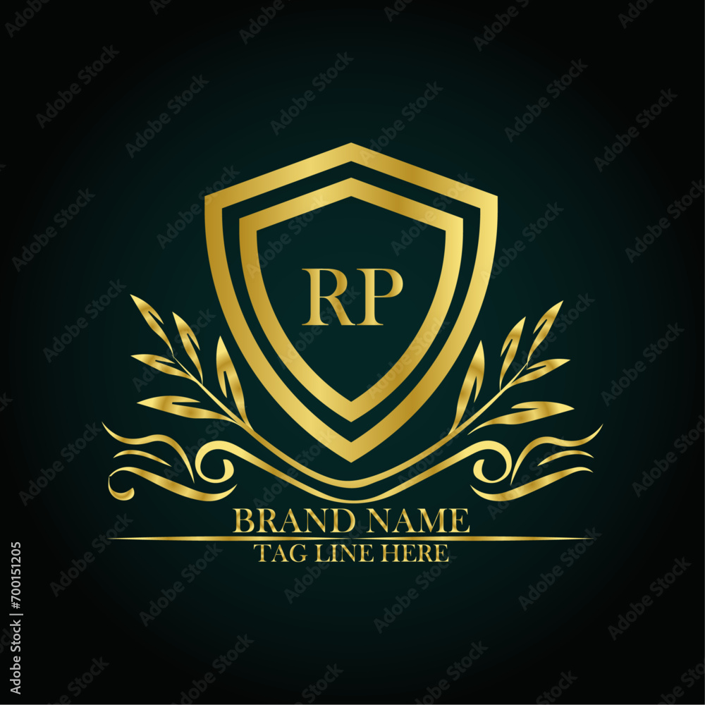 RP luxury letter logo template in gold color. Elegant gold shield icon. Modern vector Royal premium logo template vector RP luxury letter logo template in gold color. Elegant gold shield icon. Modern vector Royal premium logo template vector