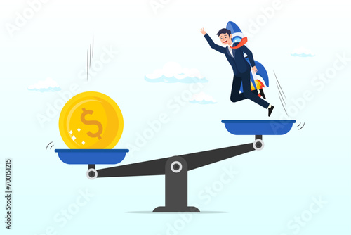 Big money dollar coin fall on seesaw to boost other side businessman with rocket, economic stimulus money, central bank inject money to boost business and recover from COVID-19 crisis (Vector)