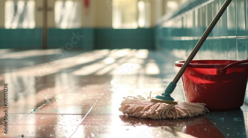 Cleaning Time: A Mop on the Wooden Floor Emphasizes Domestic Housework and Tidiness