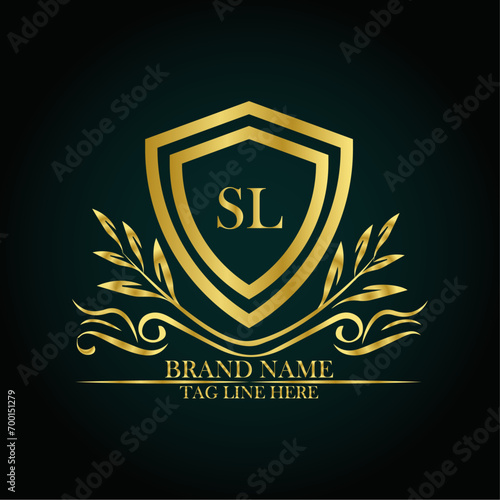 SL luxury letter logo template in gold color. Elegant gold shield icon. Modern vector Royal premium logo template vector