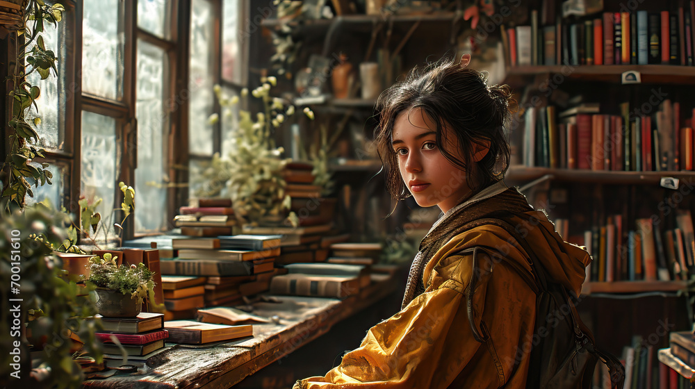Non-binary Individual with a Diverse Identity Lost in Thought amid Books in a Cozy Bookstore, Capturing the Whimsy and Imagination Inherent in Literature. Non-binary Individual with a Diverse Identity Lost in Thought amid Books in a Cozy Bookstore, Capturing the Whimsy and Imagination Inherent in Literature.