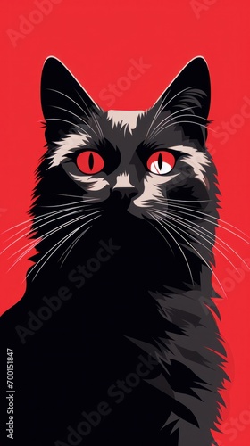 A black cat with red eyes on a red background