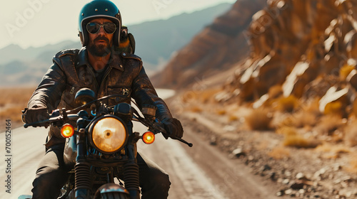 Adventurous Journey: Middle Eastern Man Cruising on a Motorcycle with a Lively Pet Parrot Perched on Their Shoulder, Infusing the Open Road with Humor and a Dash of Whimsical Charm.