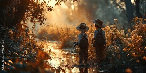 Young Explorers at Play: Children Sporting Explorer Hats, Binoculars in Hand, Enthusiastically Observing Birds in the Serene Surroundings of a Nature Reserve.