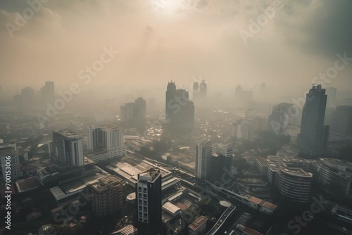 PM2.5 Unhealthy air pollution dust smoke in the urban city. Low visibility city view with dangerous haze and fog. Smog Bangkok city. Generative AI