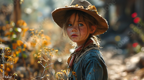 Cowgirl Spirit: Young Girl Sporting a Cowboy Hat, Embracing the Rustic Charm and Adventure of Life on the Ranch.