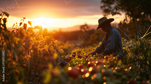 Hispanic Farmer Harvesting Tomatoes: Sunset on the Farm, Capturing the Beauty of Agricultural Labor.