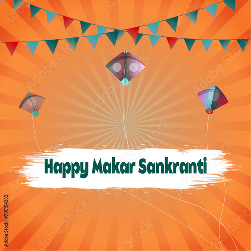 Radiant Revelry: Makar Sankranti's Skyward Soiree, This vibrant vector encapsulates the spirit of Makar Sankranti. It features colorful kites soaring against a radiant sunburst backdrop, symbolizing.