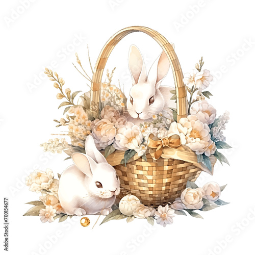 golden easter eggs with flowers in a basket, white rabbit vintage style on white background