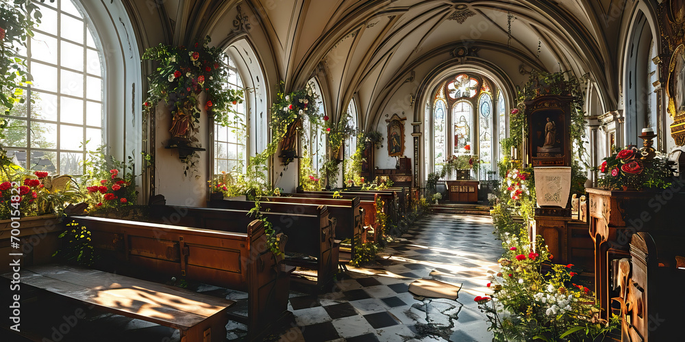 Obraz premium Empty Wedding Chapel: Unoccupied Pews, Altar, and Floral Arrangements, Evoking a Serene Atmosphere of Anticipation and Promise.
