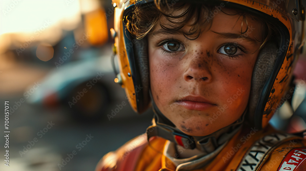Racing Dreams: Close-Up of a Boy Wearing a Racing Helmet, 'Driving' a ...