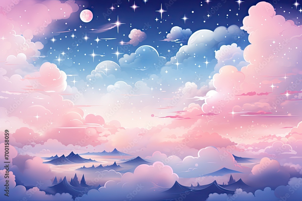 Pink clouds and stars against blue sky.