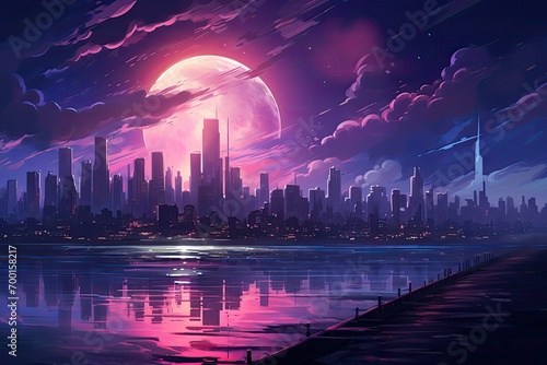 Purple city skyline against full moon at night. Synthwave captivating cityscape.