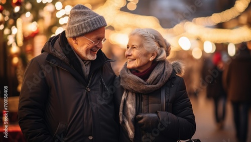 Senior couple enjoying winter walk in christmas market