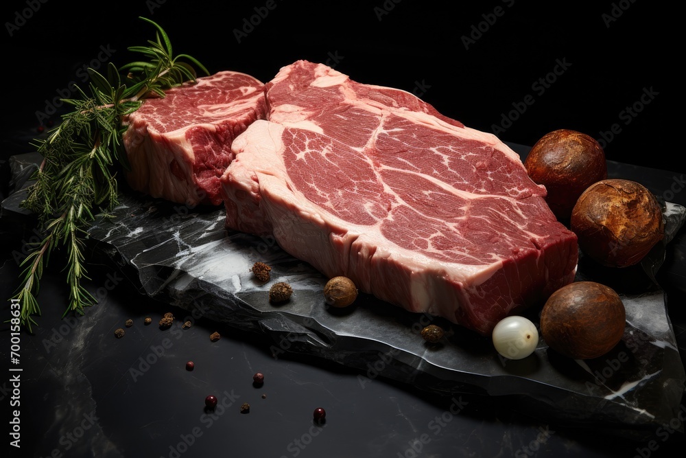 steak along with other meats and ingredients on a black background