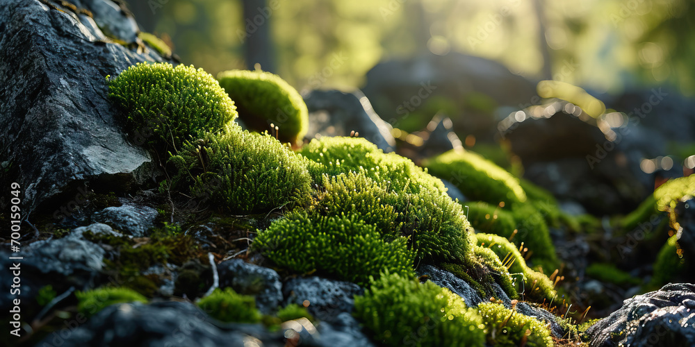 Close-Up of a Beautiful Mossy Rocks Field, Bathed in Sunlight Close-Up of a Beautiful Mossy Rocks Field, Bathed in Sunlight