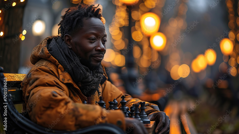 An African Man Playing Chess in a Park with a Joyful Expression, Breaking the Stereotype of Serious Chess Players and Infusing the Game with a Lighthearted and Humorous Touch.