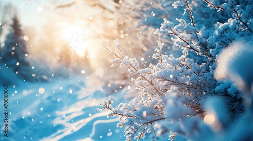 Winter background with snow-covered tree branches in the forest and sun rays at sunset