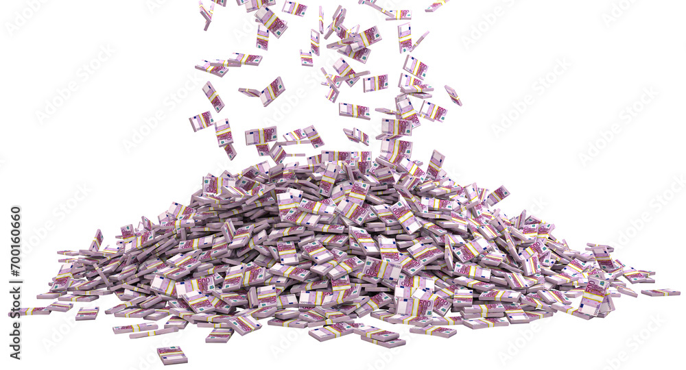 bundles of euros fall and form a pile 3d render - obrazy, fototapety, plakaty 