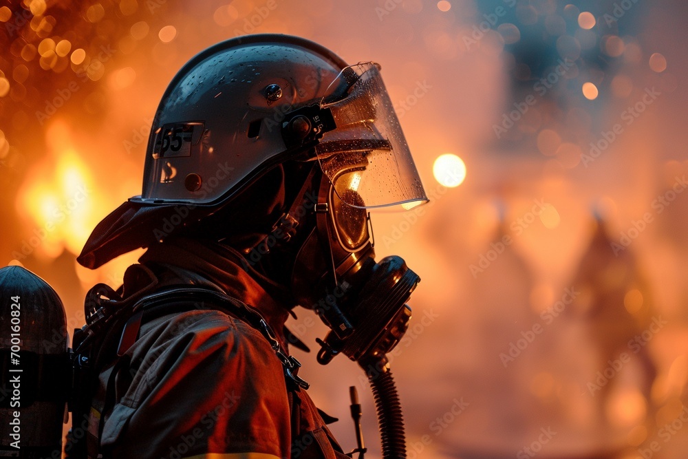 Fototapeta premium A heroic firefighter takes center stage amidst the backdrop of roaring flames, illustrating the fearless spirit and readiness to confront the heat of emergencies.
