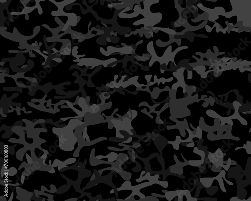 Camouflage Military Fabric. Army Dark Canvas. Urban Modern Pattern. Gray Camo Print. Seamless Paint. Digital Dirty Camouflage. Abstract Vector Background. Tree Woodland Print. Repeat Gray Texture.