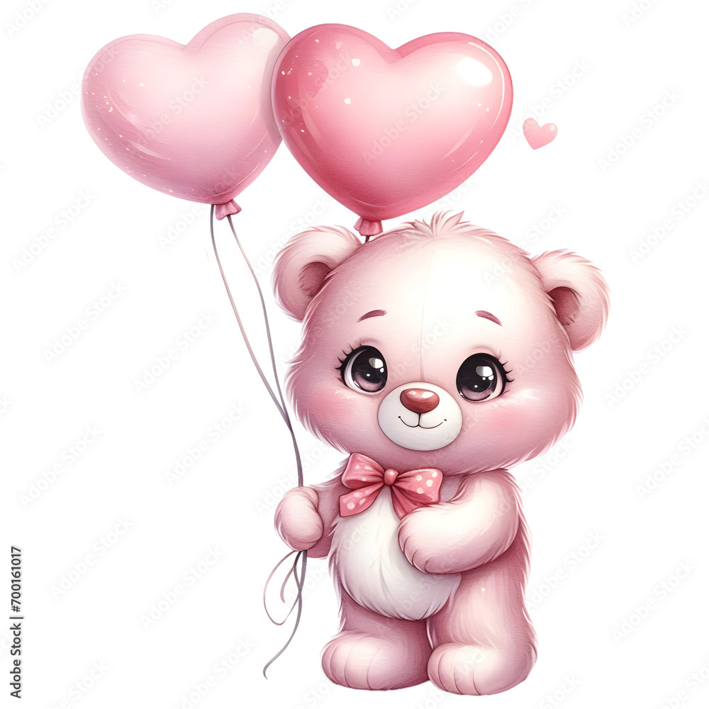 Fototapeta premium Watercolor Valentine Cute Teddy Bear With Heart Shaped Balloons PNG Clipart, AI Generated.