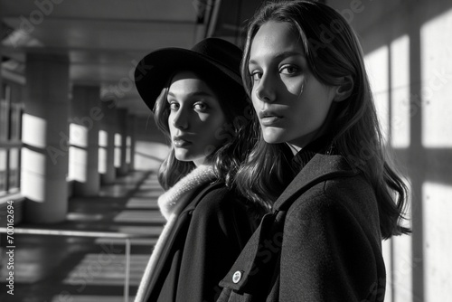 Transporting us to the heyday of fashion, a wide-angle shot presents two attractive models in a back-to-back stance, looking confidently at the camera, exuding the elegance and grace of the 70s