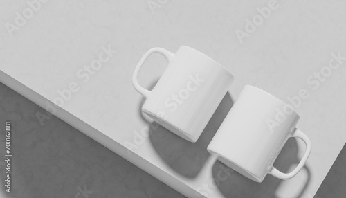 Mug mock up. White coffee mug mock up isolated on white background. 3D illustration photo