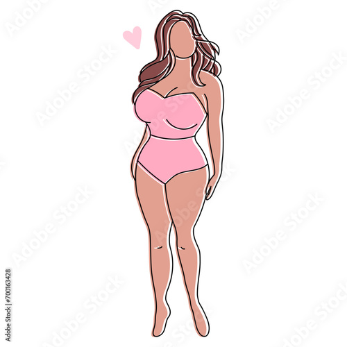 Silhouette of a plump woman in a swimsuit, sketch.  Bodypositive concept. Line art, vector