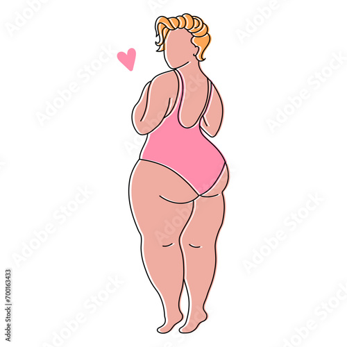 Silhouette of a plump woman in a swimsuit, sketch.  Bodypositive concept. Line art, vector