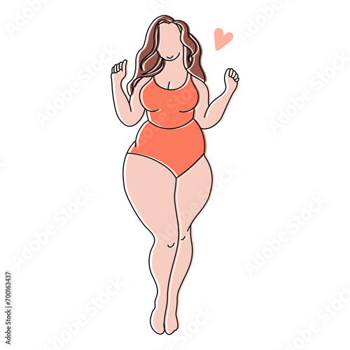 Silhouette of a plump woman in a swimsuit, sketch.  Bodypositive concept. Line art, vector