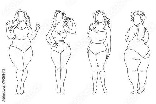 Silhouettes of women with different figures, set, sketch. Body positivity concept. Line art, vector