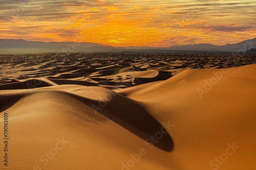 Sunset in the Sahara desert in the Tunisia