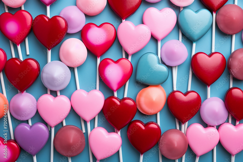 top view over heart shaped lollipops background top view over heart shaped lollipops background