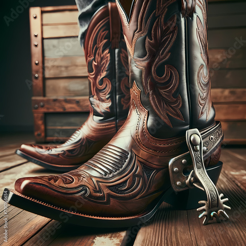 A close-up view of a cowboy boot with spurs, highlighting the details and craftsmanship. The boot is made of high-quality leather, featuring traditional Western designs such as intricate tooling