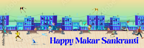 Kite-Flying Fervor: Makar Sankranti Celebration in Park, This lively vector captures the essence of Makar Sankranti, a festival celebrated with great fervor in India. It depicts a park scene bustling.