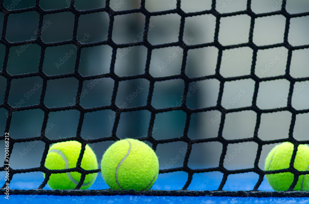 two paddle tennis balls next to the net of a paddle tennis court