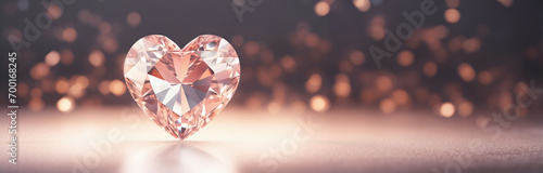 Sparkling heart diamond with dreamy bokeh lights, on a soft peach backdrop, design for luxury branding and high-end jewelry, romantic celebration Valentine's Day, banner with copy space photo