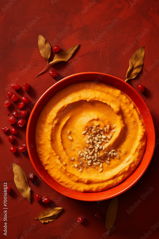 Pumpkin hummus on the red background flat lay Pumpkin hummus on the red background flat lay