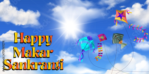 Soaring Spirits: A Vibrant Makar Sankranti Celebration, Experience the joy of Makar Sankranti with this vibrant vector! The essence of the festival with colorful kites flying high in a clear blue sky.