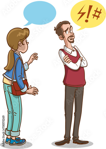 Concept of divorce, misunderstanding in family. Angry man and offended woman standing separately from each other. Relationship break up, crisis. Vector illustration in flat cartoon style.