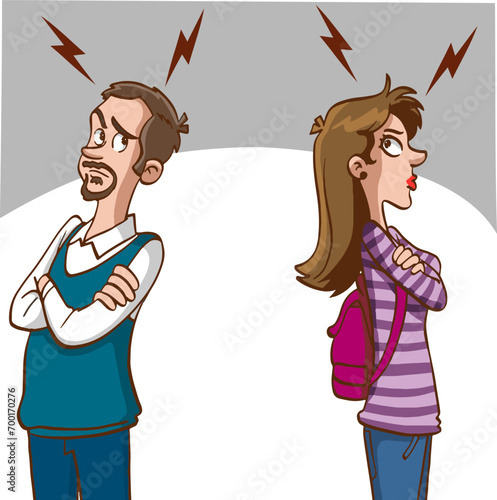 Concept of divorce, misunderstanding in family. Angry man and offended woman standing separately from each other. Relationship break up, crisis. Vector illustration in flat cartoon style.